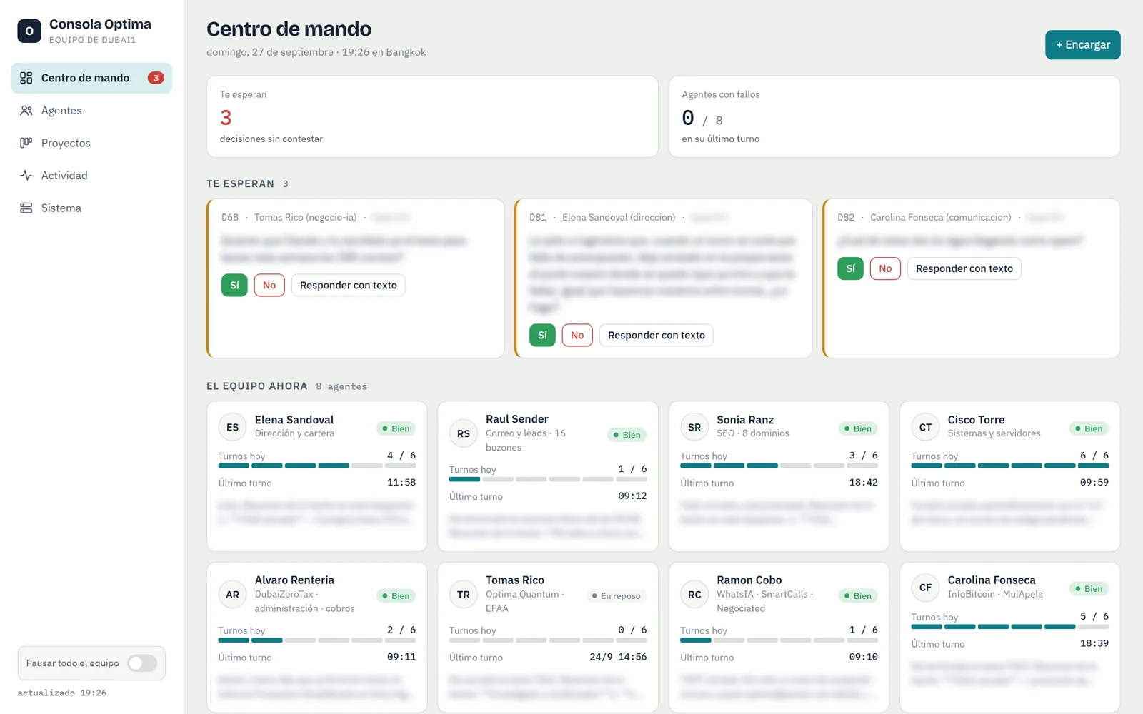 Agent console: pending decisions and the eight agents with their status