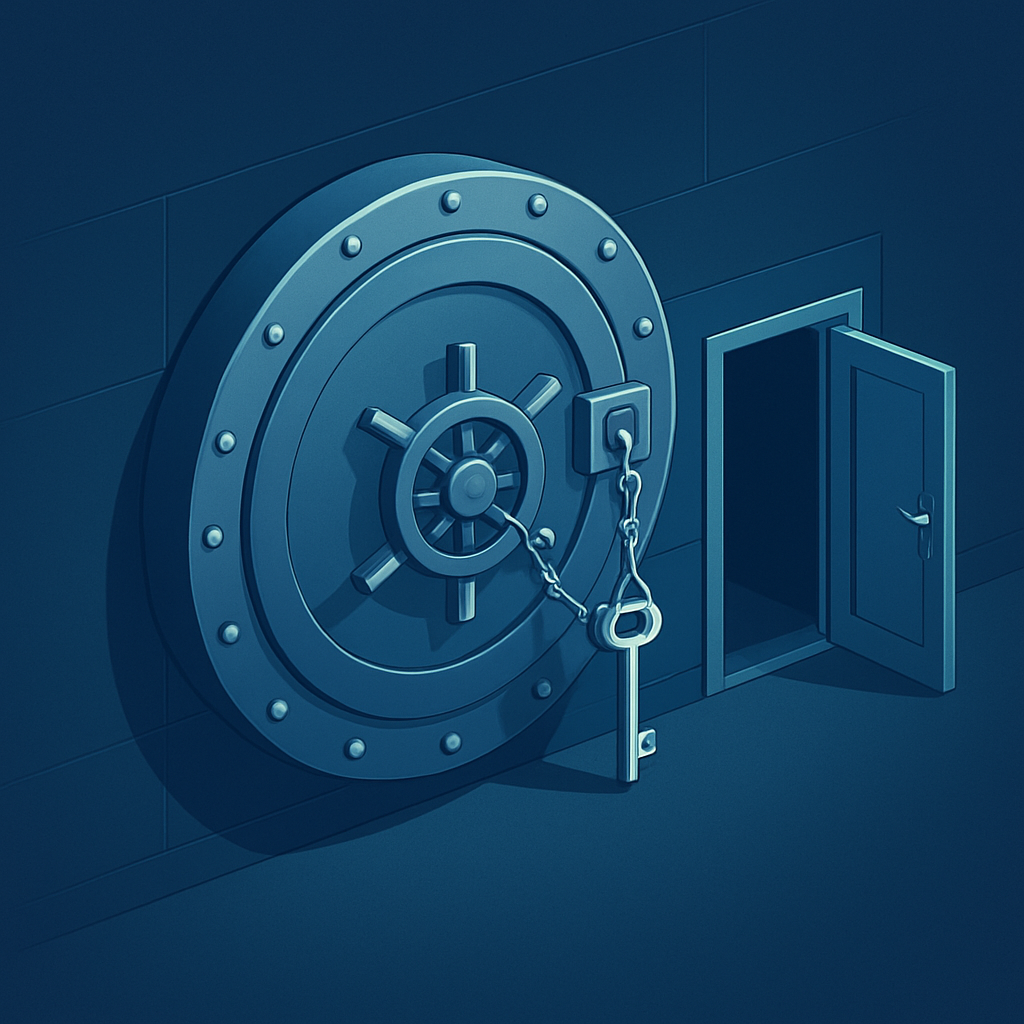 A huge armoured vault door and a small open service door sharing a single key on one chain